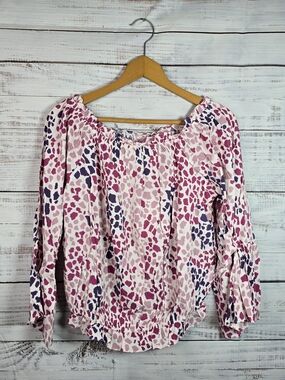 Emily Wonder 1X Off Shoulder Blouse Pink Purple Print Boho Peasant Top Plus Size